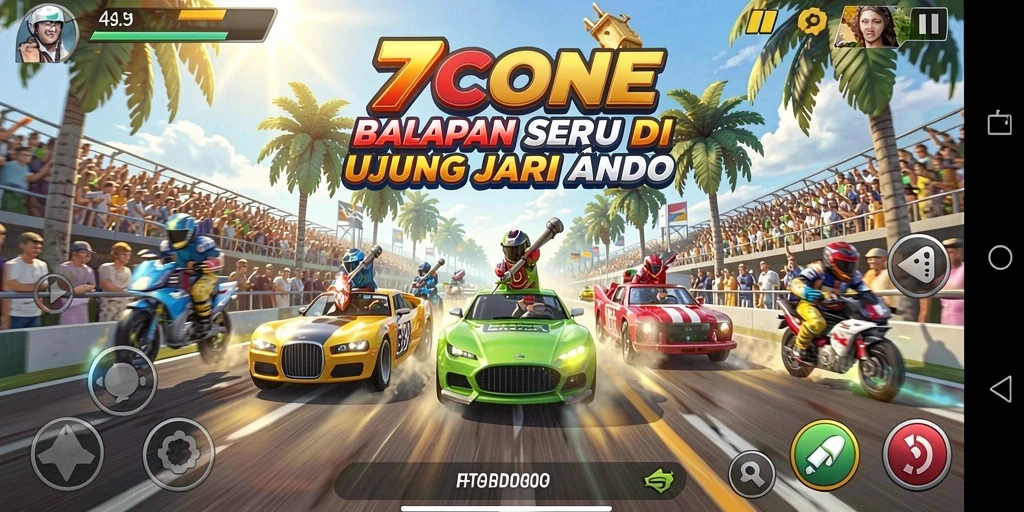Screenshot utama menunjukkan balapan intens di lintasan yang mendebarkan.