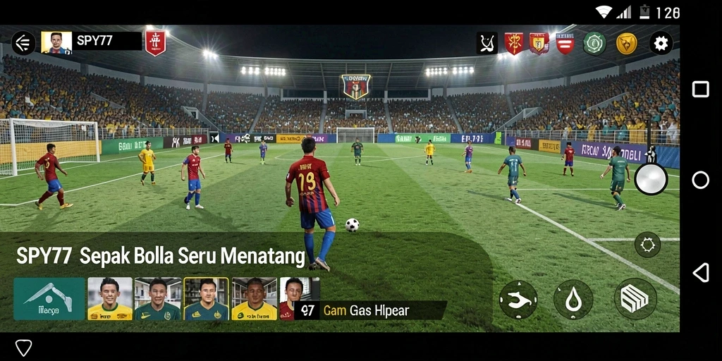 Screenshot gameplay SPY77 menunjukkan aksi seru di lapangan sepak bola.